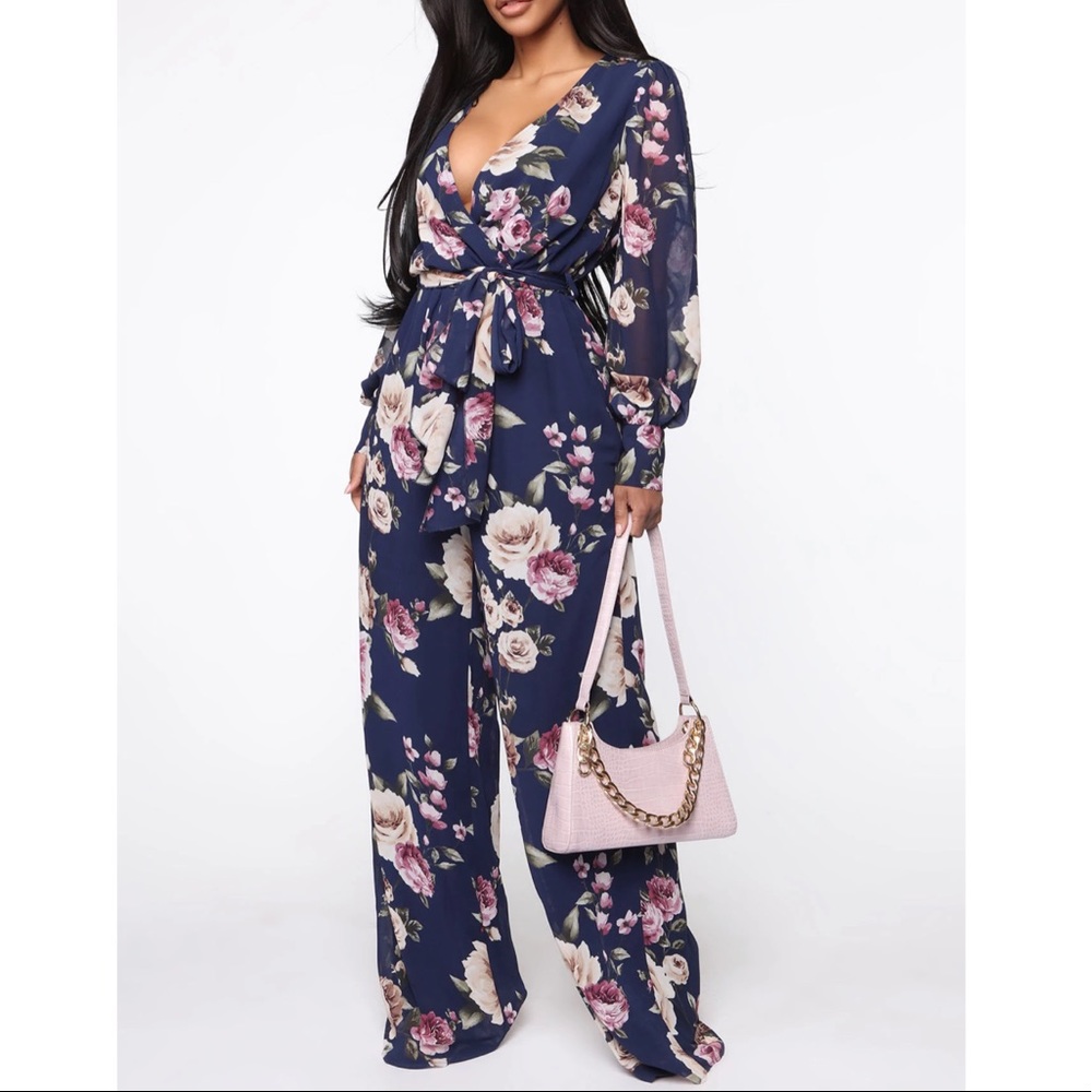 Fashion Nova Moonshine Chiffon Printed Jumpsuit Navy Blue/Combo